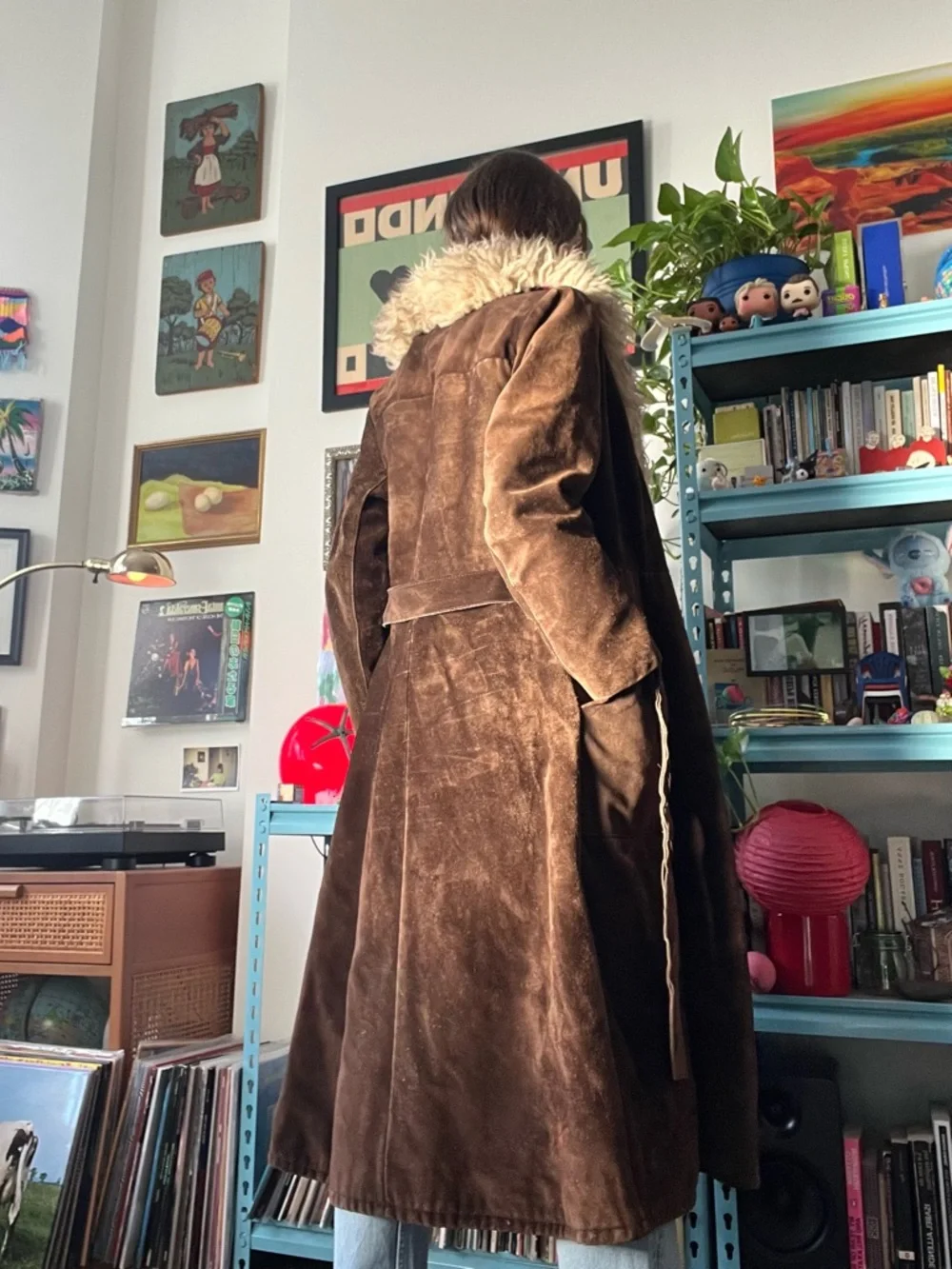 60s Brown Suede Long Trench with Shearling Collar and Fur Lining - Picture 5 of 8